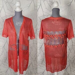 Red Coral Orange 100% Linen Floral Mesh Panel Open Cardigan